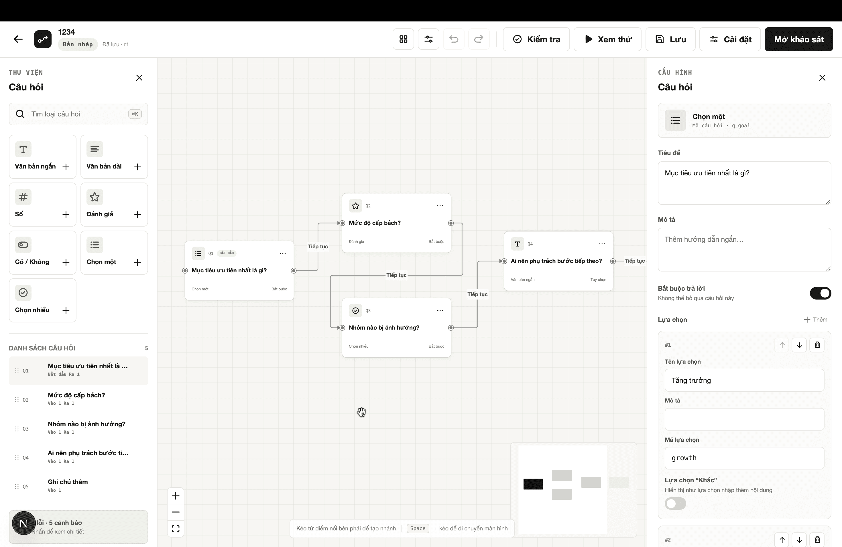 Ballot visual workflow builder with connected question nodes and configuration controls