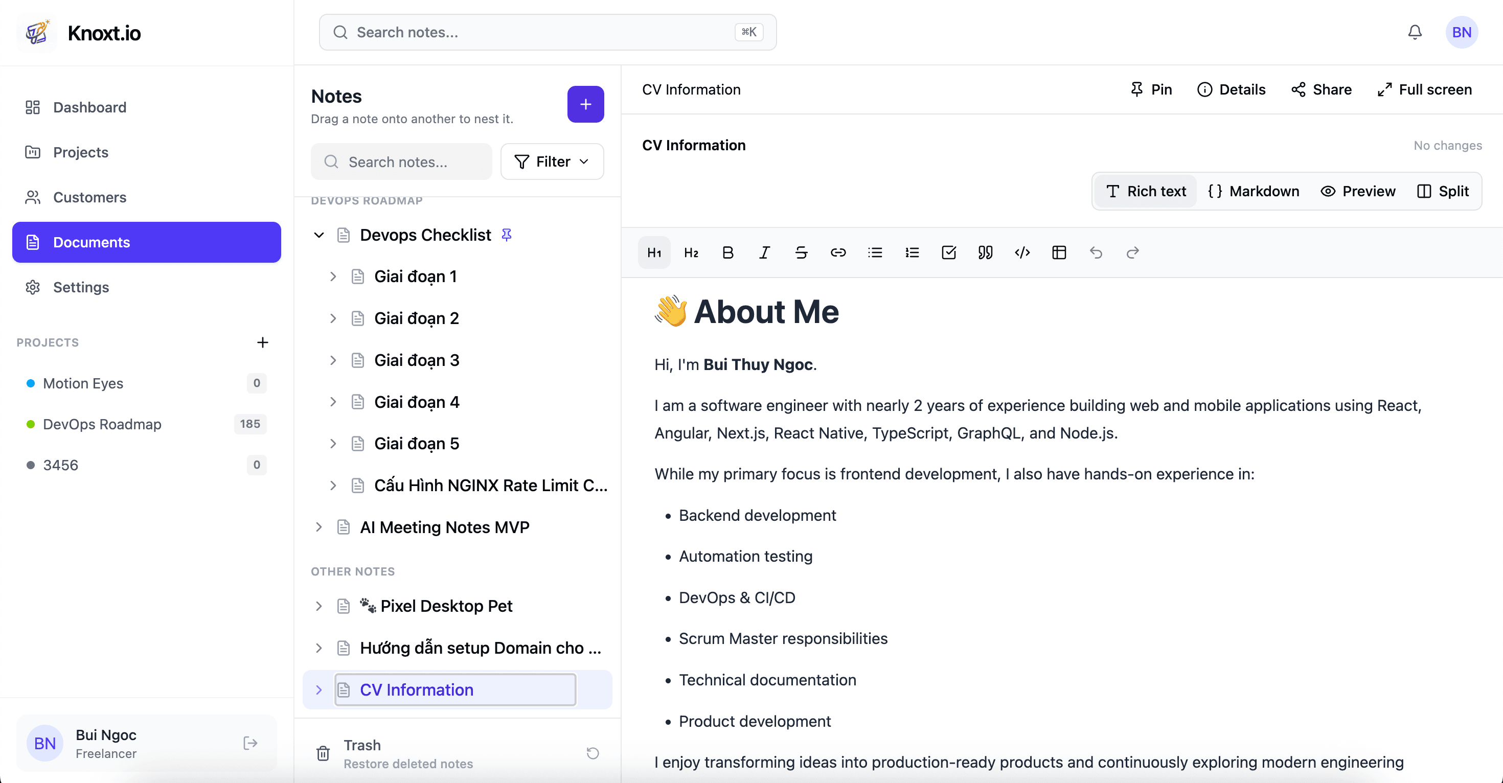 Knoxt.io hierarchical document workspace with rich-text and Markdown editing