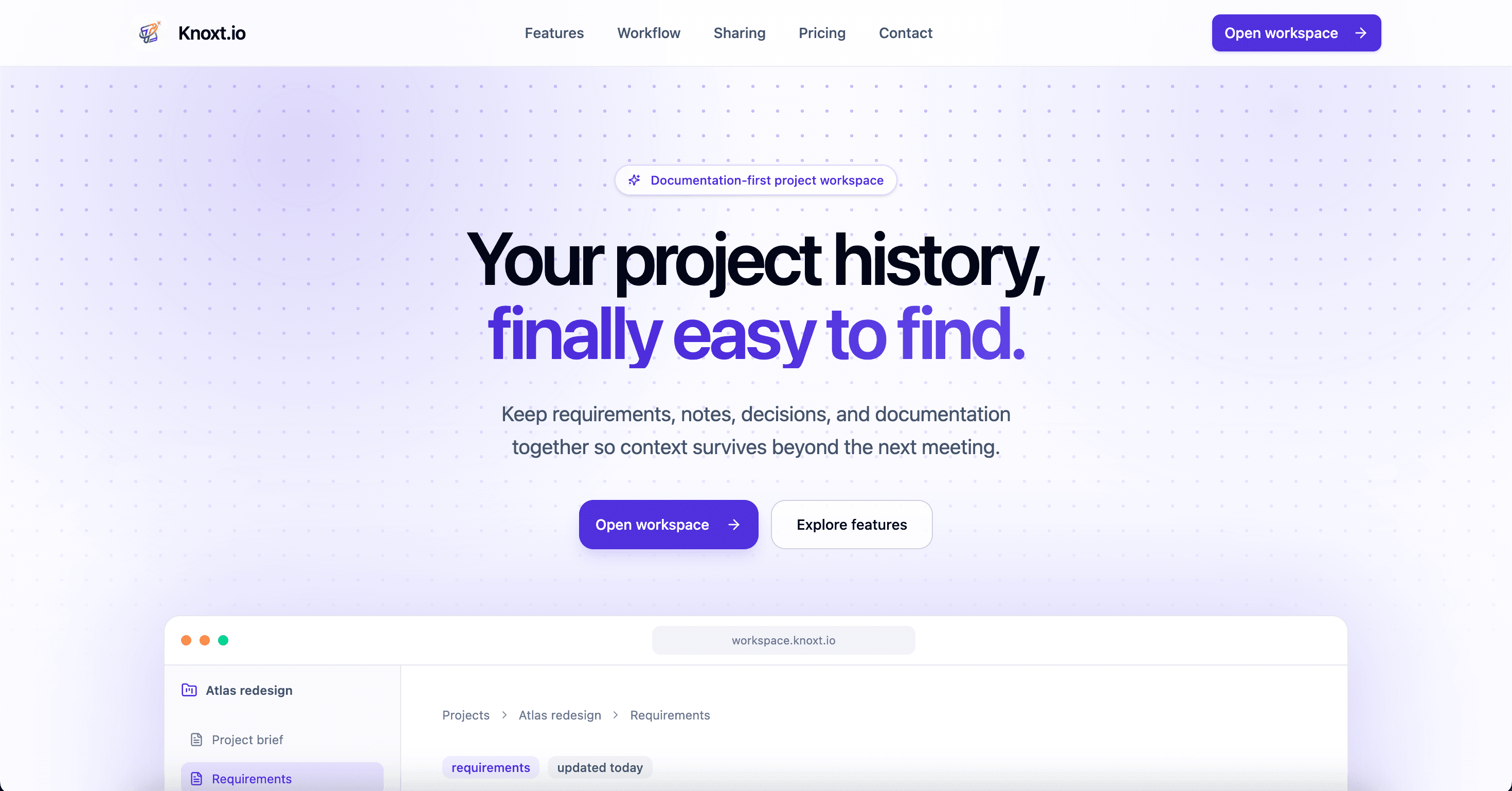 Knoxt.io landing page introducing its documentation-first project workspace