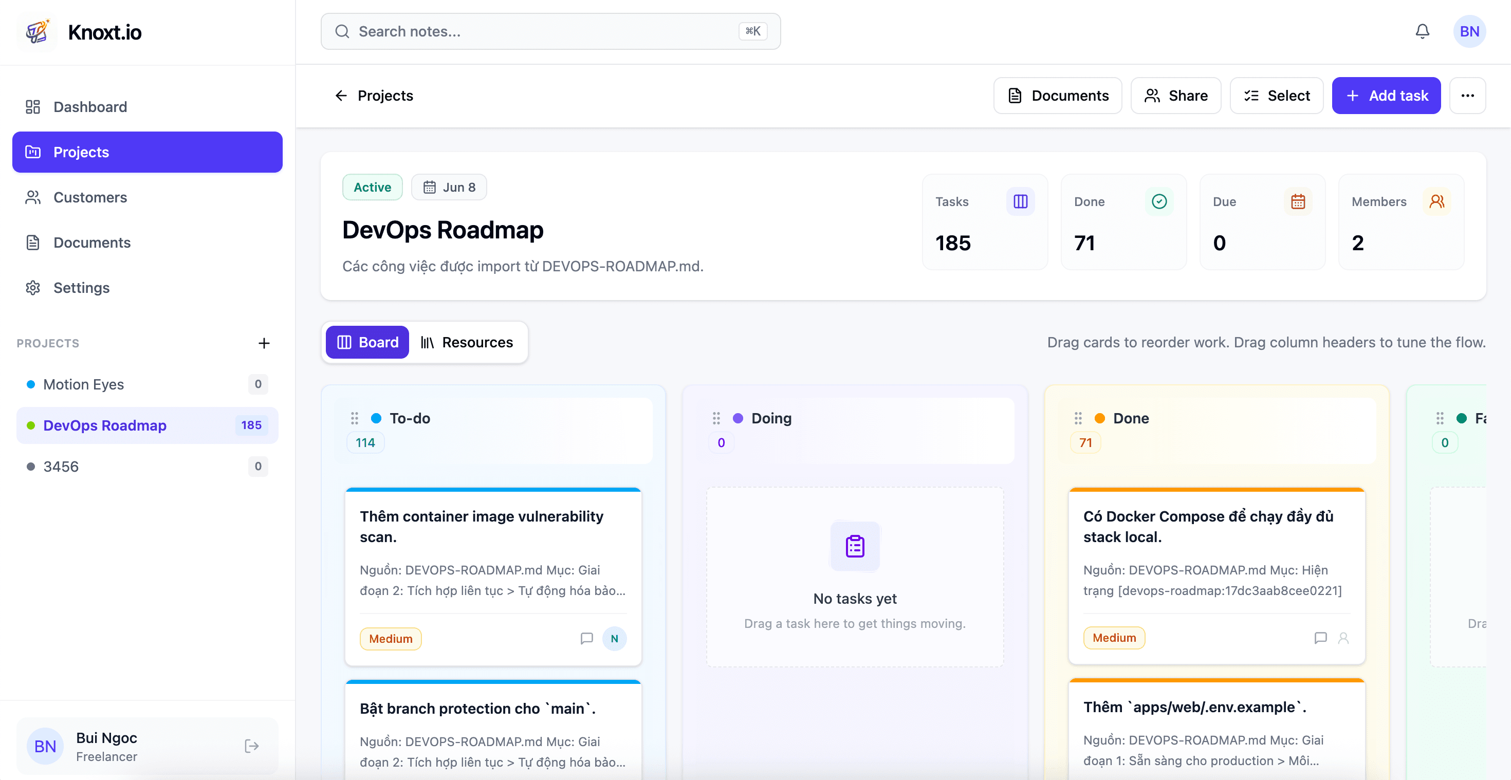 Knoxt.io DevOps Roadmap project overview and drag-and-drop Kanban board